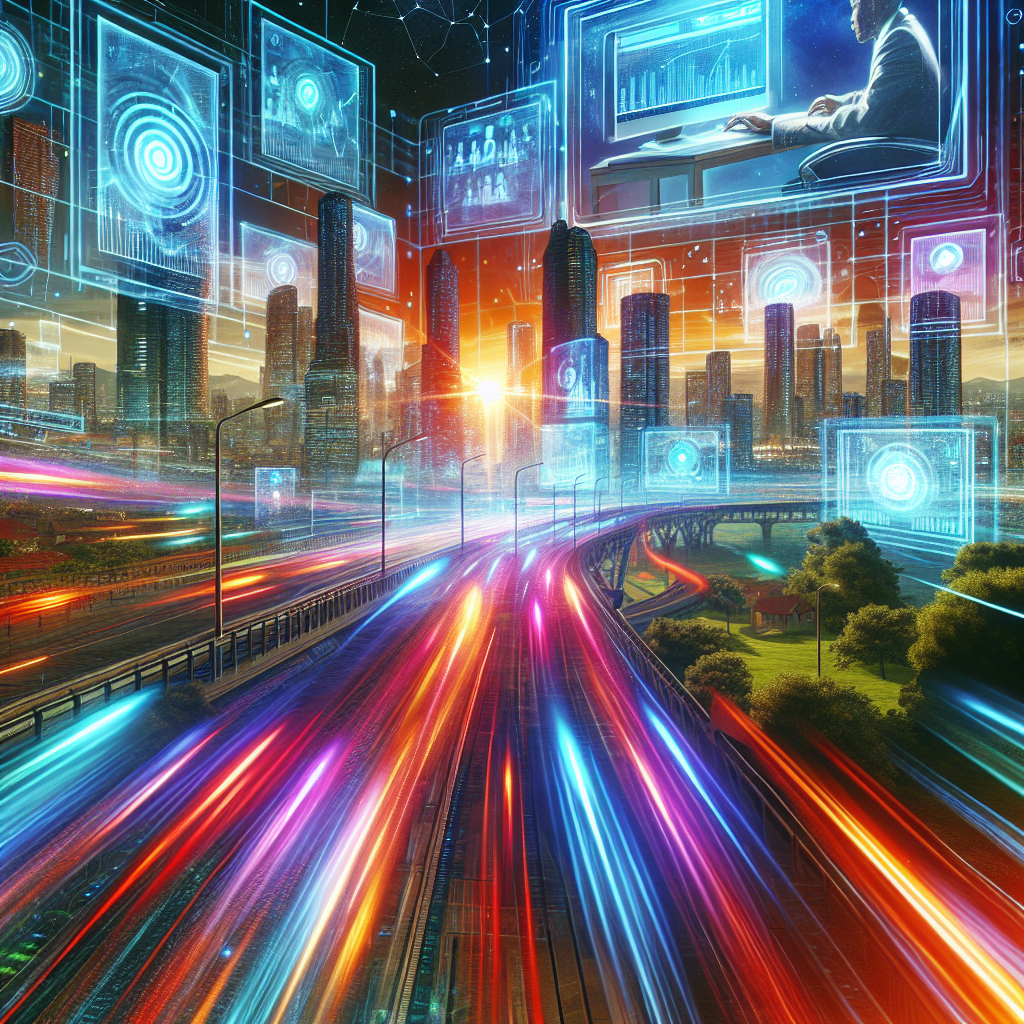 Generate an image of a vibrant, futuristic cityscape as a metaphor for online webinars as a bustling hub for lead generation. The scene is filled with holographic displays of floating screens showing webinars in progress, highlighting the intersection of technology and personal connection in the software industry.