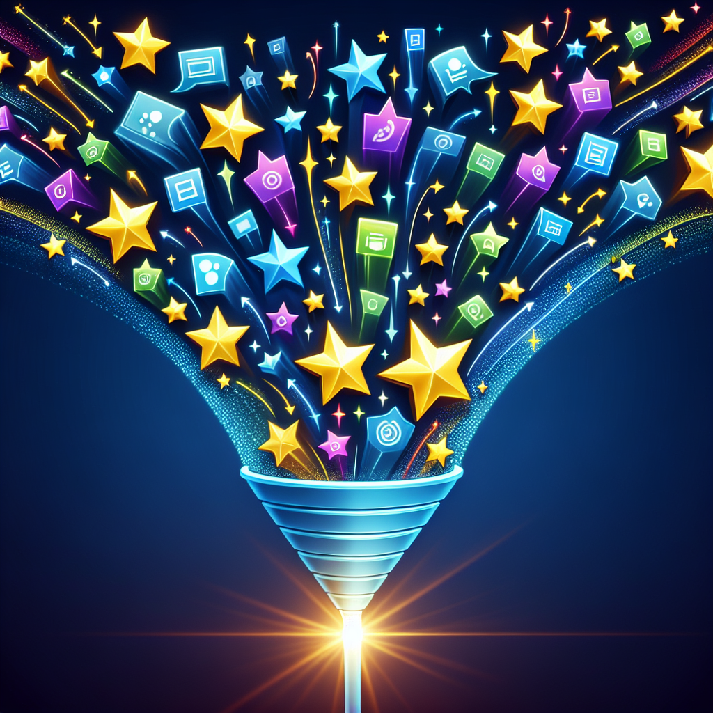 Generate an image depicting an abstract representation of a funnel turning a wave of diverse, floating digital icons into golden stars, symbolizing the process of converting webinar engagement into high-quality leads. Use a bright color palette and a minimalist, tech-inspired aesthetic to convey a sense of innovation and efficiency.