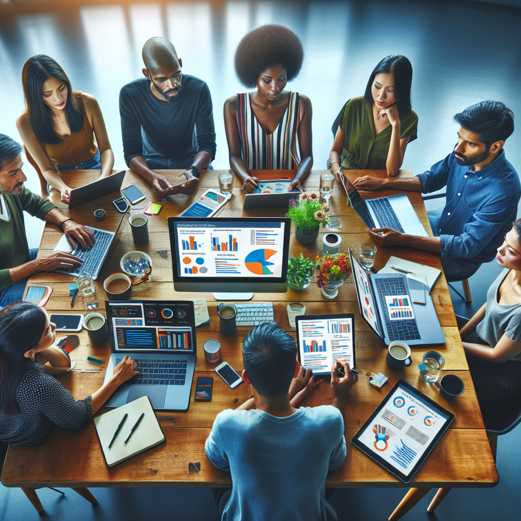 Generate an image of a team of diverse digital marketers brainstorming strategies for optimizing a software website. The setting should have digital devices around the table displaying graphs and analytics, showing SEO techniques, social proof integration, and conversion optimization approaches in a creative workspace.