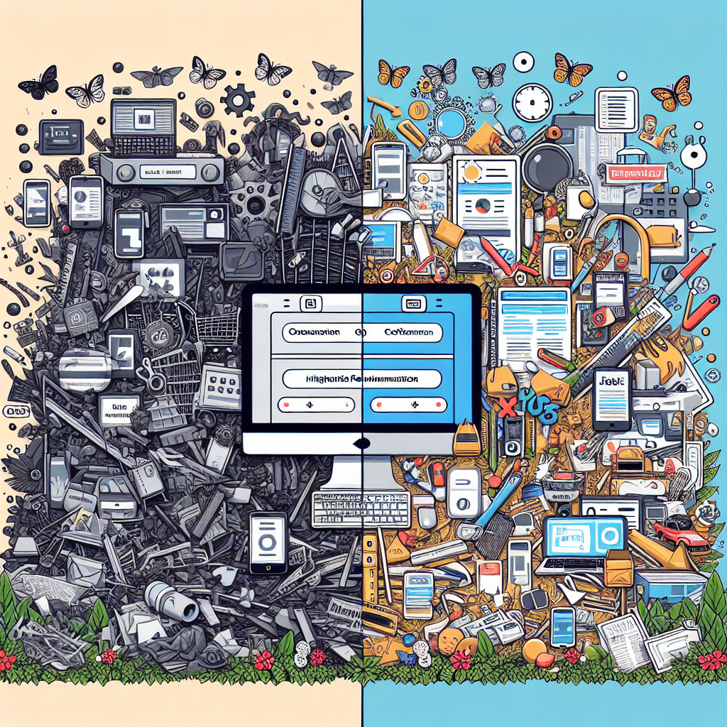 Generate an image of a visual transformation of a website from outdated to highly optimized. The scene should split into two contrasting halves: one showing an old, cluttered design, and the other with a new, streamlined interface with effective calls-to-action and engaging content that attracts leads.
