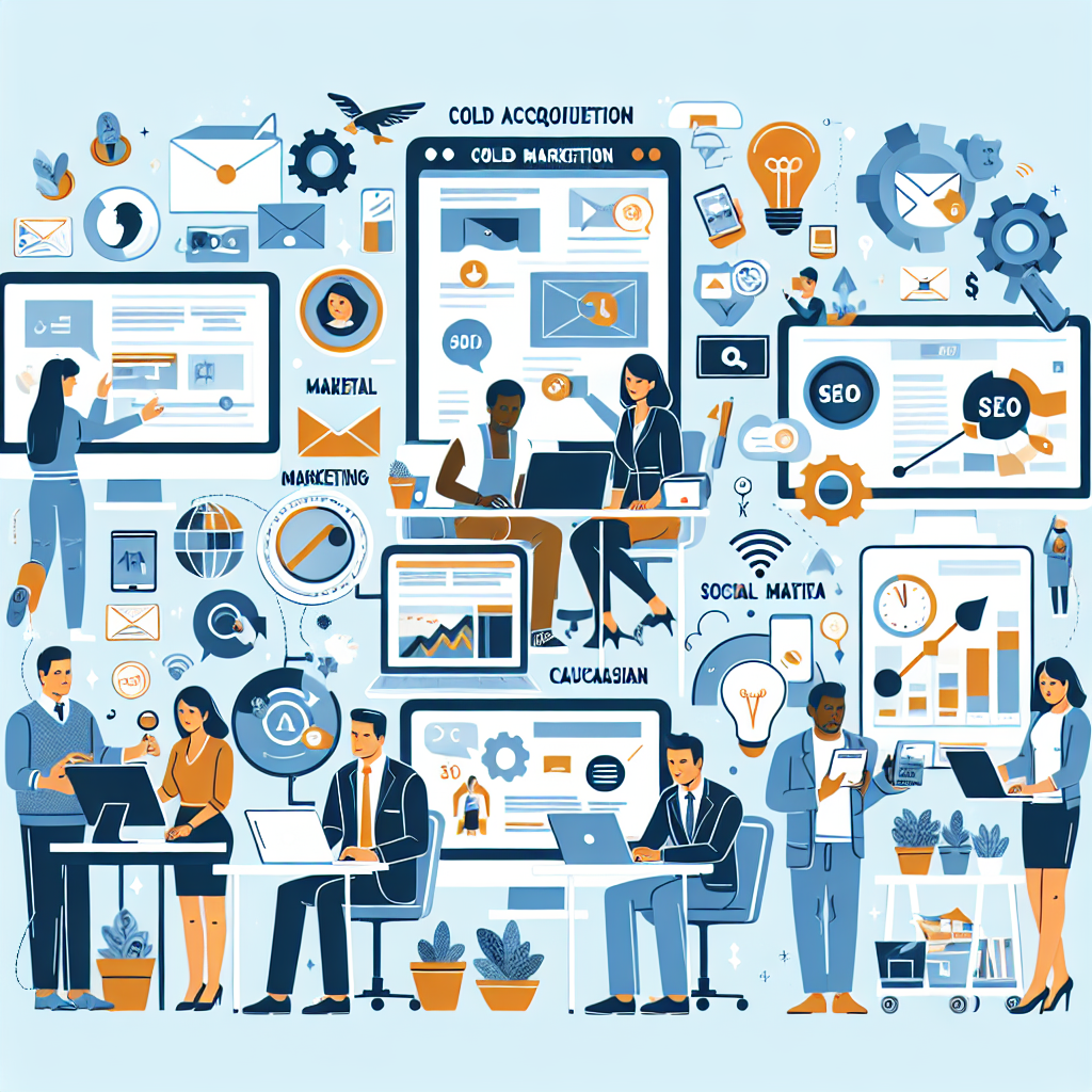Generate an image depicting a dynamic e-commerce environment where different cold acquisition methods are being deployed. Show a diverse group of digital marketers actively engaging with various online tools and platforms, creating tailored content for a range of customer personas.