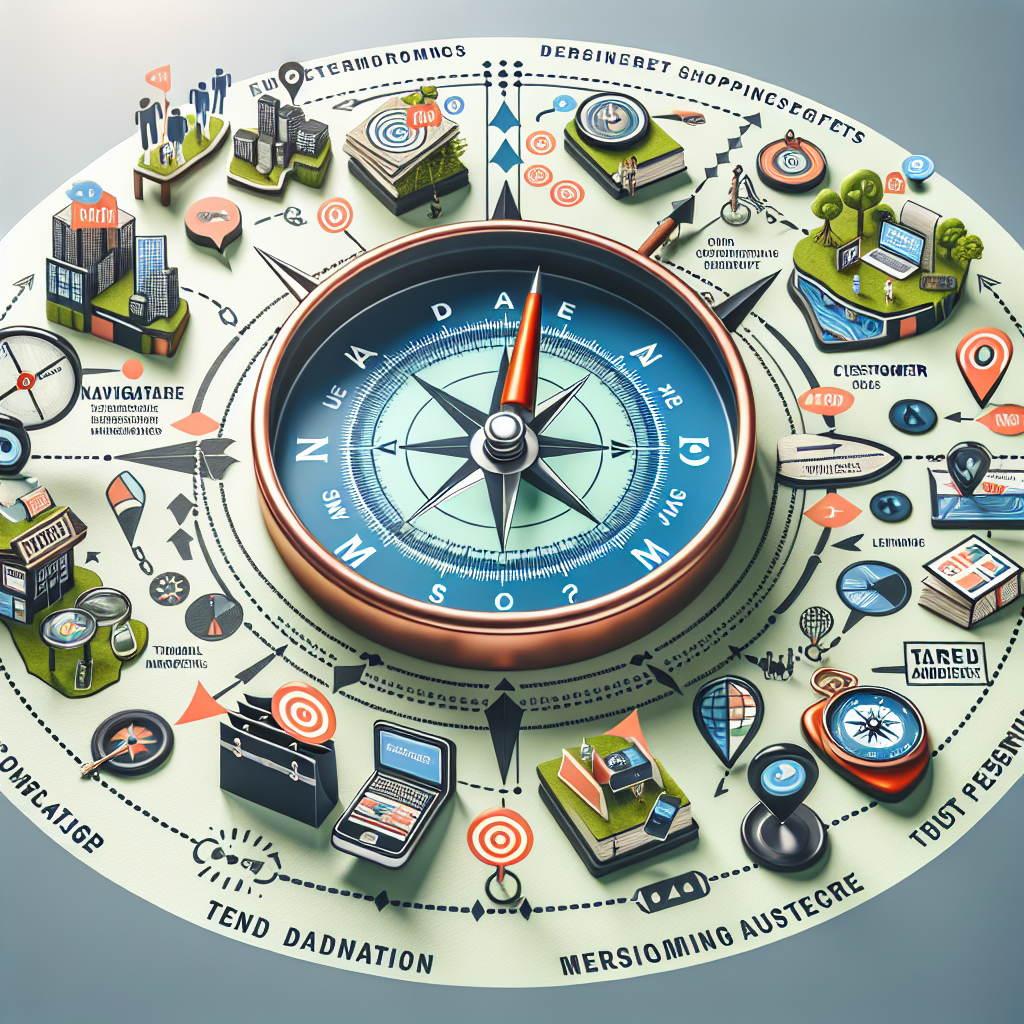 Generate an image of a conceptual map illustrating the journey of understanding customer demographics and personalizing messages in the e-commerce world. Include visual metaphors such as a compass, pathways to a target audience, and personalized shopping experiences highlighted along the way.