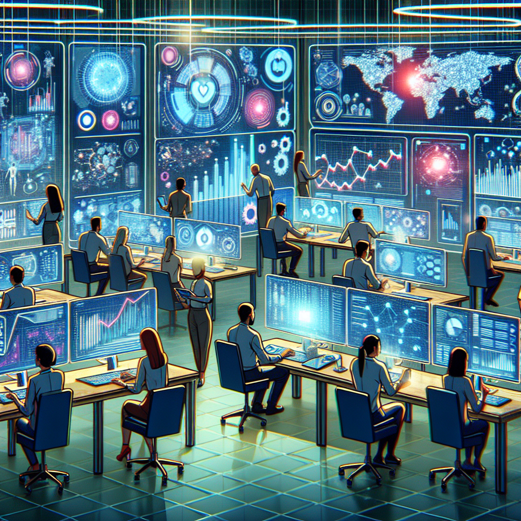 Generate an image showing a futuristic control room where e-commerce strategies are being optimized. Visualize data streams, digital dashboards, and marketers analyzing complex data to personalize their approach for new customer acquisition.