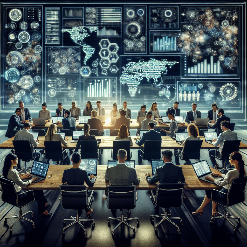 Generate an image depicting a team of B2B consultants working on laptops, with a futuristic digital interface showing CRM systems and data analytics charts. The setting is a modern, high-tech conference room with a large screen displaying real-time data. The atmosphere is dynamic and collaborative, showcasing the integration of technology in consulting.
