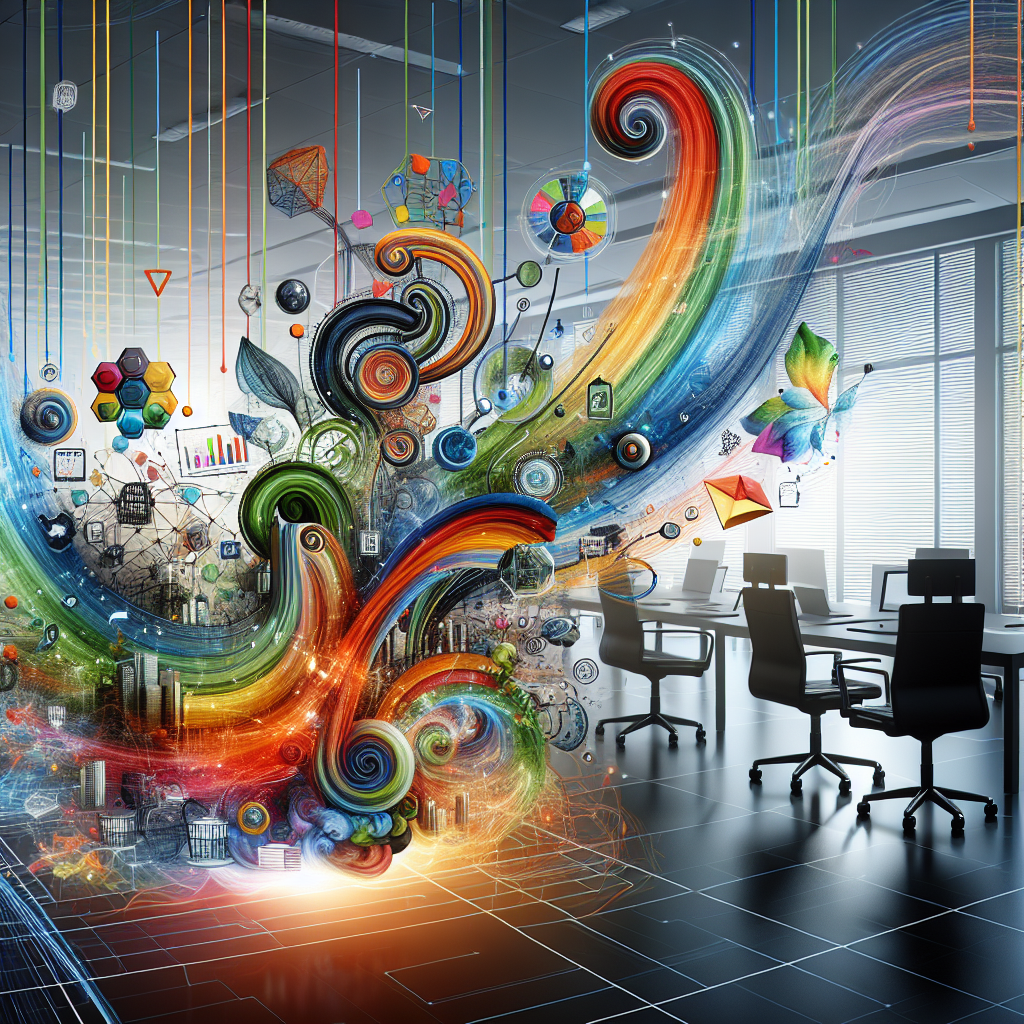 Generate an image illustrating a vibrant scene of marketing automation in action. Picture a visually abstract representation of data and AI algorithms intertwining, symbolized by colorful, flowing lines. The background should include subtle elements of a corporate office setting, emphasizing the seamless integration of technology in business processes.