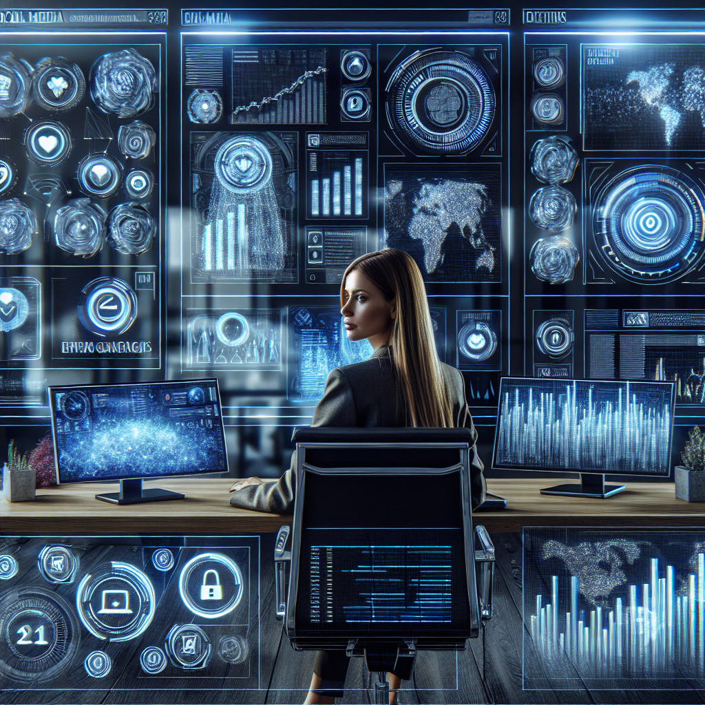 Generate an image portraying a business consultant interacting with AI-driven social media management tools. The consultant is seated at a sleek desk with multiple screens showing social media metrics and AI suggestions for engagement strategies. The room is filled with digital holograms of social media icons and client feedback metrics.