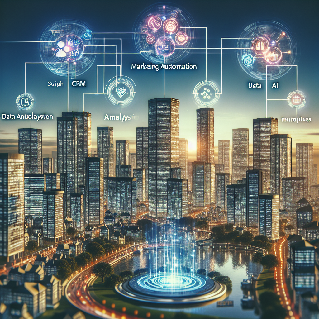 Generate an image of an idyllic cityscape where various technological elements like CRM, marketing automation, data analysis, and AI are visually represented as interconnected infrastructure. The buildings have dynamic digital billboards showing data visualizations. The scene is futuristic, highlighting the evolution of business environments through technology.