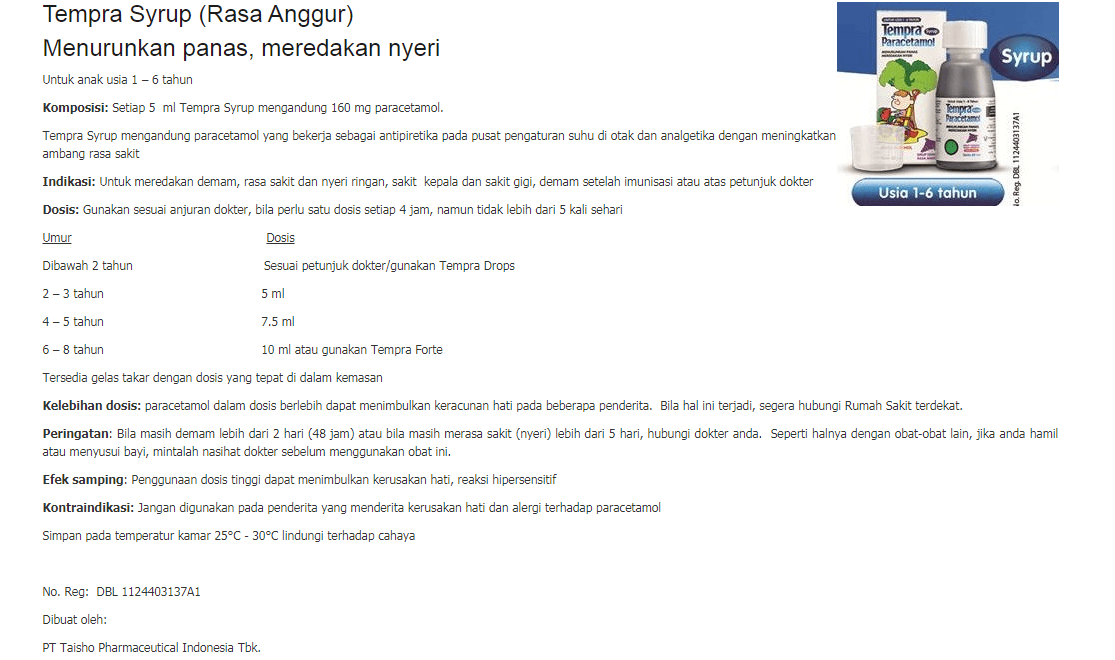 Komposisi, Indikasi dan Dosis Tempra Syrup