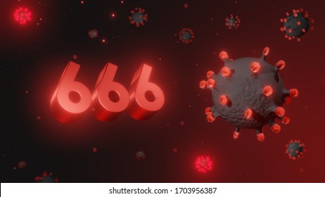 Number 666 in red 3d text on dark corona virus background, 3d render, illustration, virus