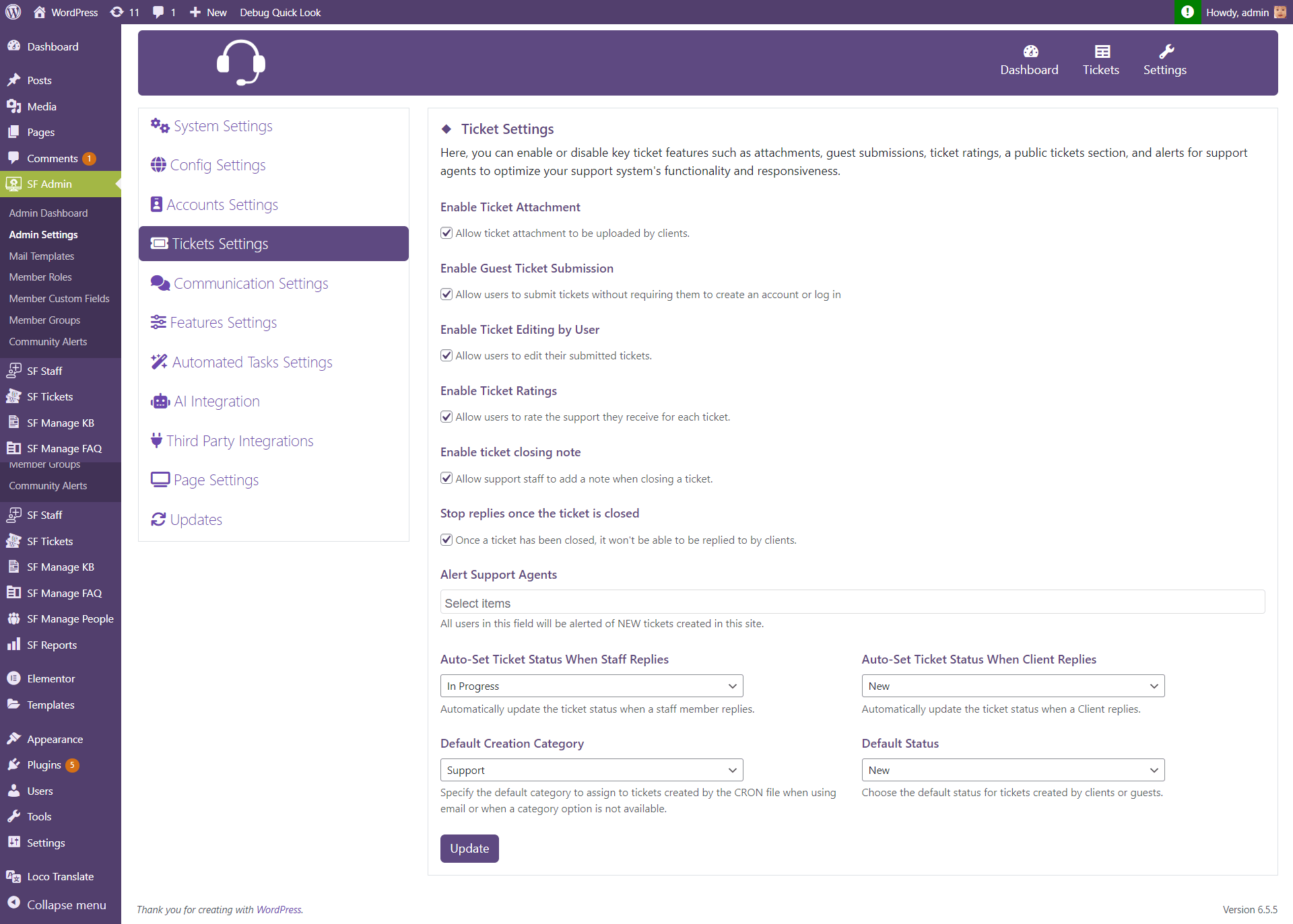 Settings Section