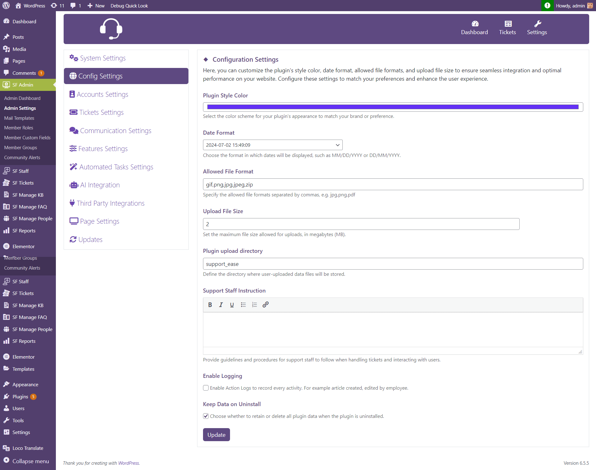 Settings Section