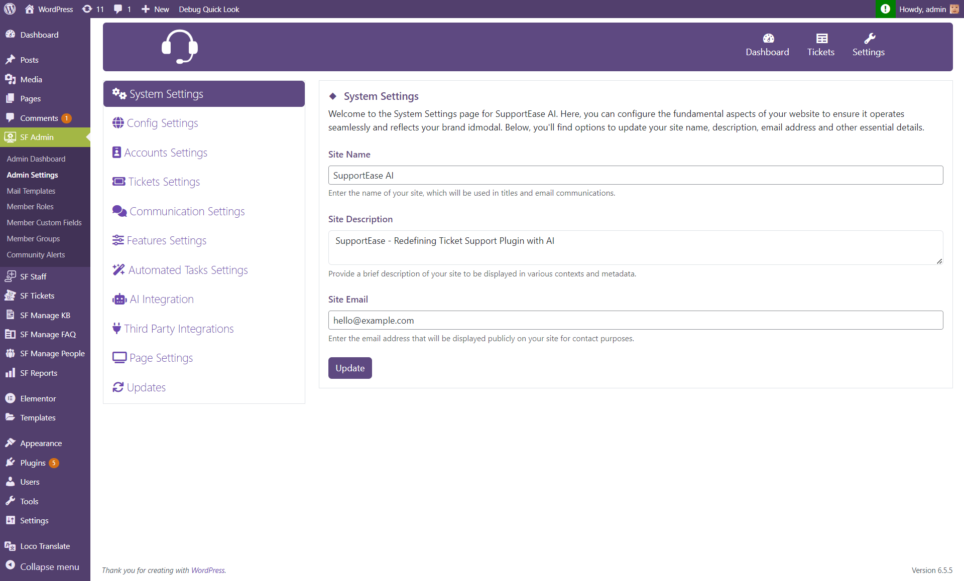 Settings Section