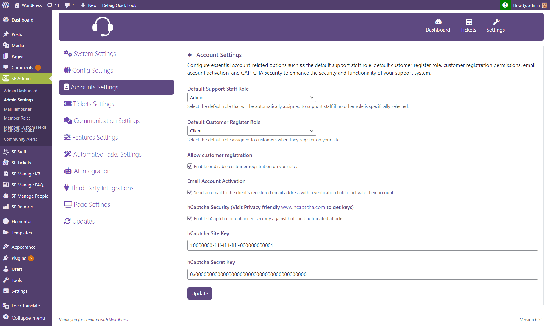 Settings Section