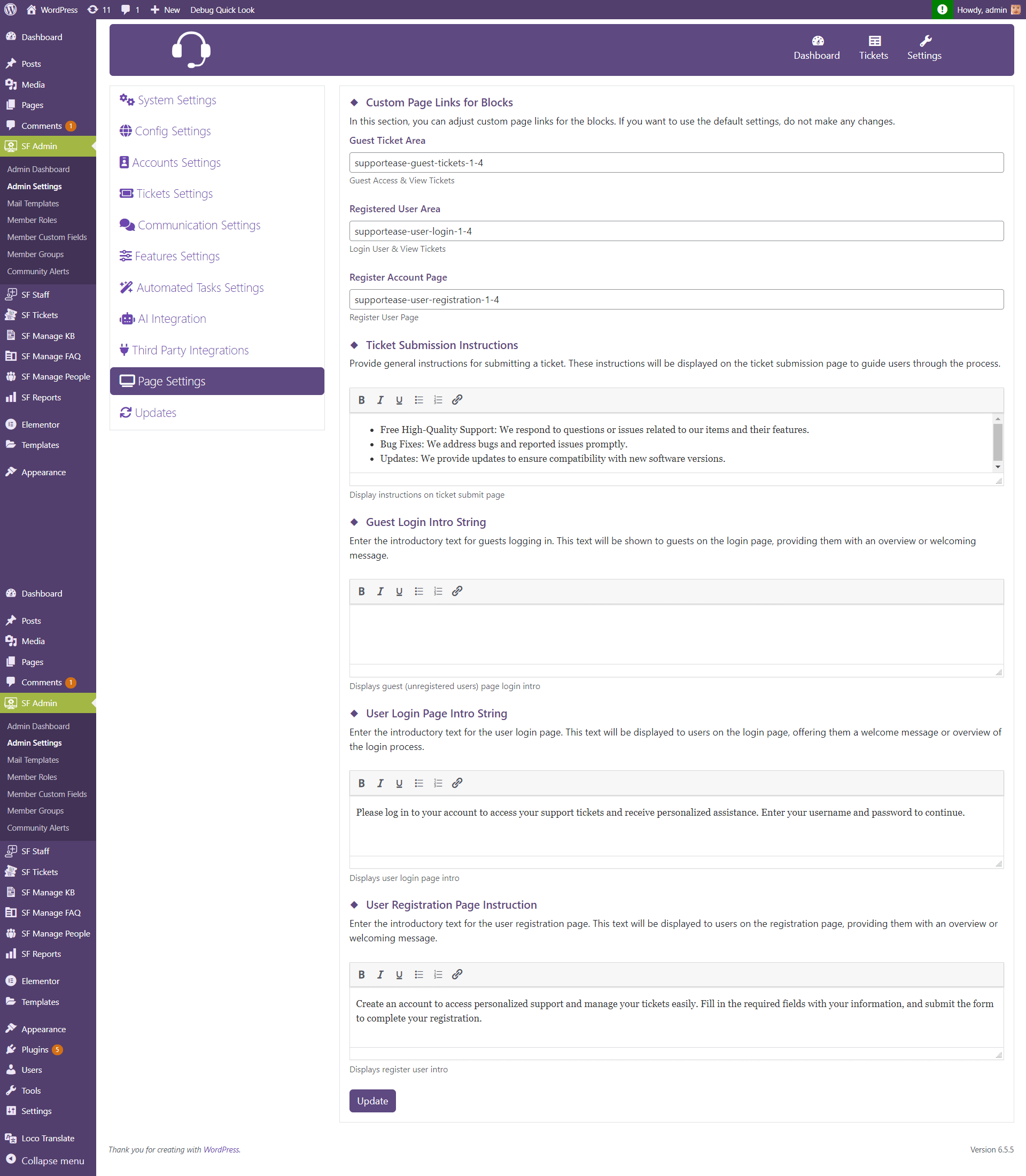 Settings Section