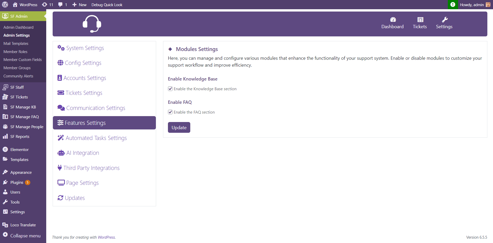 Settings Section