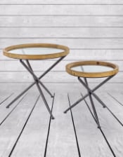 Set of 2 Round Wood with Glass Tripod Base Side Tables