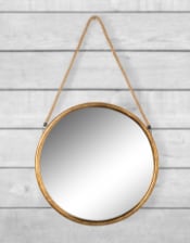 Large Round Gold Metal Mirror on Hanging Rope with Hook