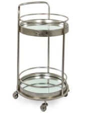 Antique Silver/Champagne Leaf Metal Small Round Bar Trolley with Mirror Shelves