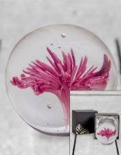 Large Purple & White Flower Glass Ball Paperweight with Gift Box