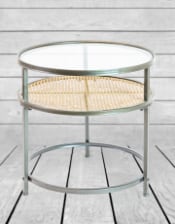 Iron, Glass and Rustic Metal Rattan Set of 2 Round Side Tables