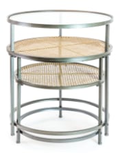 Iron, Glass and Rustic Metal Rattan Set of 2 Round Side Tables