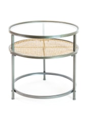 Iron, Glass and Rustic Metal Rattan Set of 2 Round Side Tables