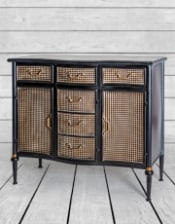 Antiqued Black Side Cabinet with Metal Rattan Cupboards