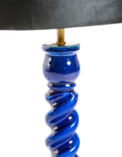 Sapphire Blue Gloss Wooden Table Lamp with Metallic-Lined Velvet Shade