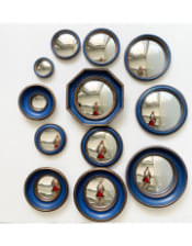 Set of 12 Assorted Antique Blue / Gold Framed Convex Mirrors