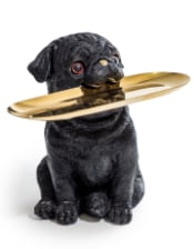 Black Pug Dog Holding Gold Tray