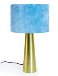 Brass Column Table Lamp with Steel Blue/Grey Velvet Shade