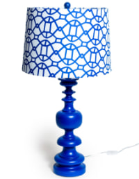 Matt Blue Column Table Lamp with Patterned Shade