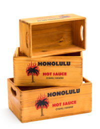 Set of 3 Antiqued "Honolulu Hot Sauce" Large Wooden Boxes