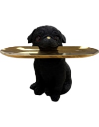 Black Pug Dog Holding Gold Tray