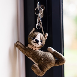 Khaki linen fabric cat key ring by Dora designs