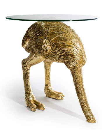 Large Gold "Head-Buried" Ostrich Side Table w/ Glass Top