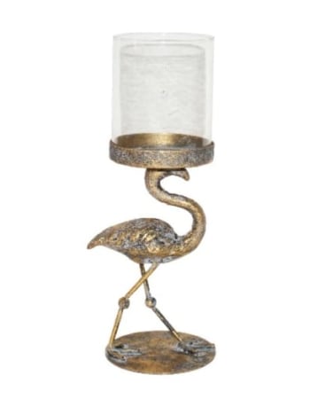 Antiqued Flamingo Candle Holder with Glass Cover