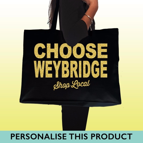Choose Weybridge gold glittered text personalised shopping tote bag