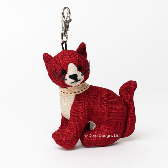 Red Linen Tabby Cat Key Ring by Dora Designs