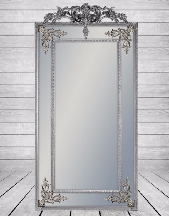 Tall Silver French Mirror with Crest