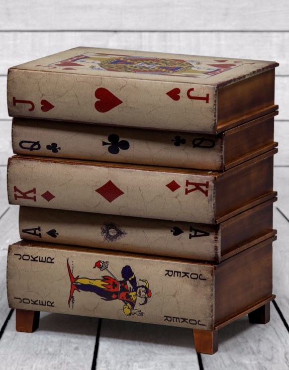 Antiqued Stacked Playing Card Books Side Cabinet