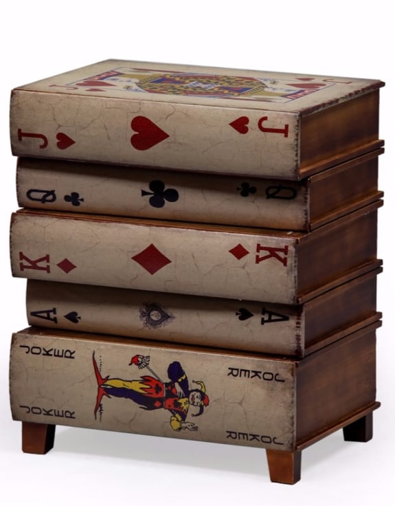 Antiqued Stacked Playing Card Books Side Cabinet