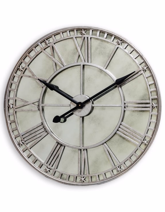 Large Silver Clock with Antique Mirror Face