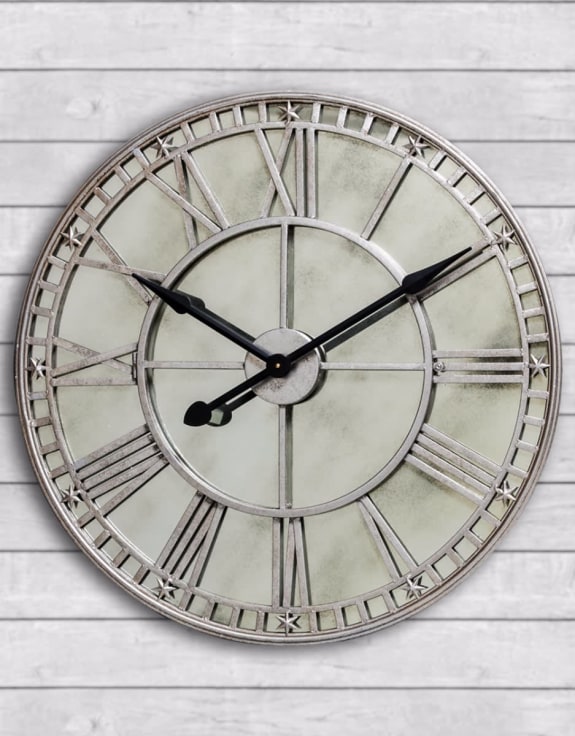 Large Silver Clock with Antique Mirror Face