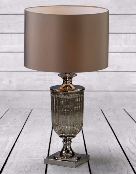 Antiqued Glass Urn Lamp with Taupe Cylinder Shade