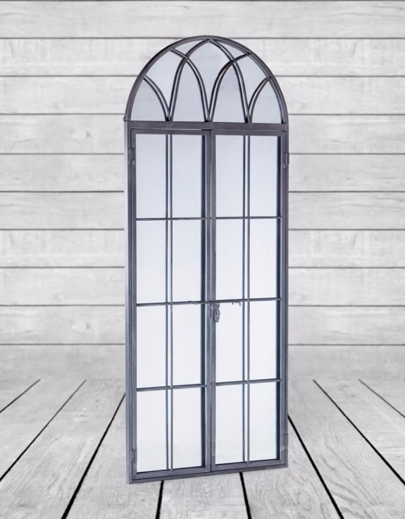 Antiqued Lead Grey Iron Tall Arch Window Metal Mirror