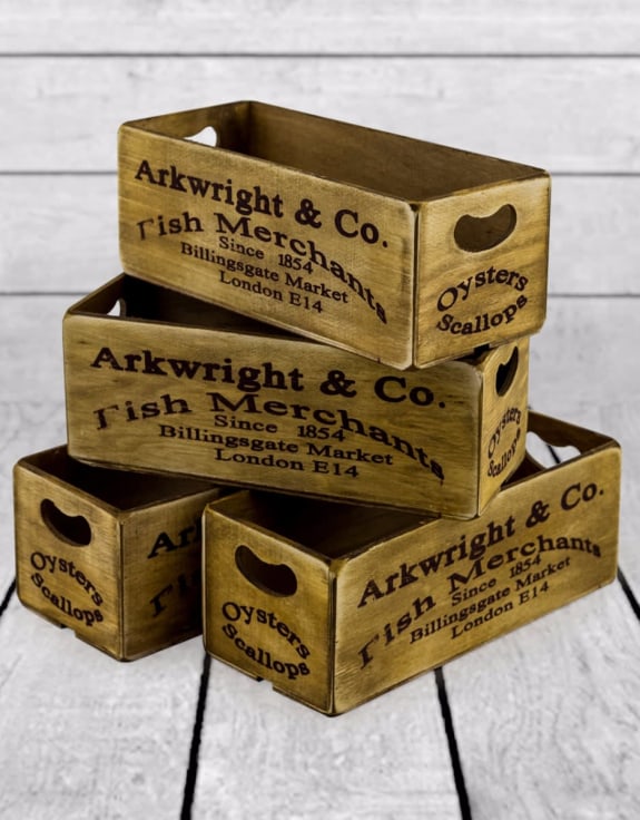 Set of 4 Antiqued "Billingsgate Market" Wooden Boxes