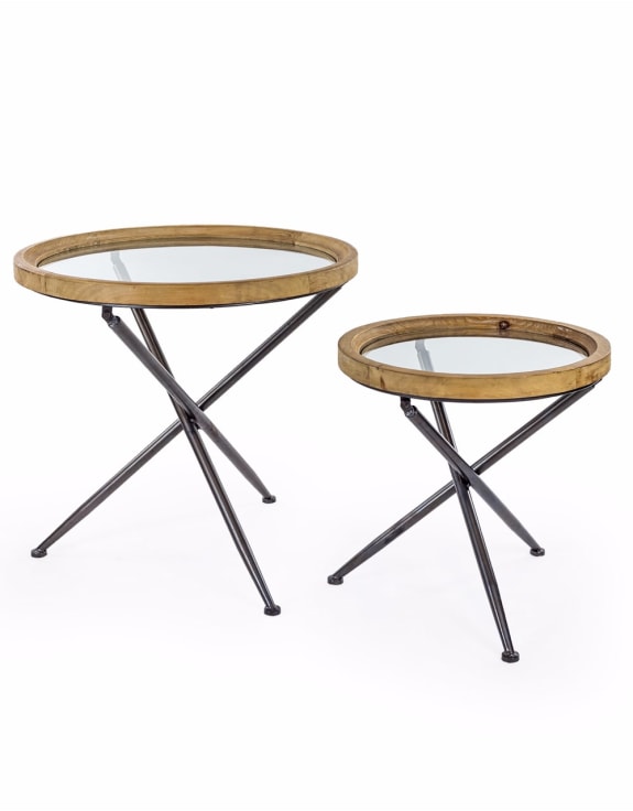 Set of 2 Round Wood with Glass Tripod Base Side Tables