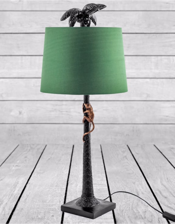 Palm Tree with Climbing Monkey Table Lamp with Green Shade