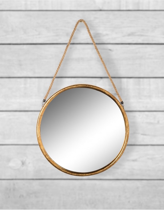 Medium Round Gold Metal Mirror on Hanging Rope with Hook